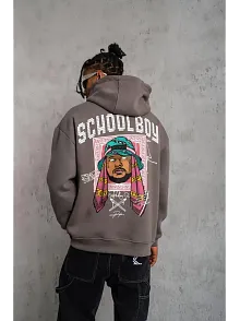 Erkek 3 İplik Pamuklu Kapüşonlu Baskılı Cepli Oversize Sweatshirt Hoodie - Gri