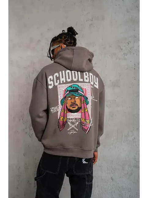 Erkek 3 İplik Pamuklu Kapüşonlu Baskılı Cepli Oversize Sweatshirt Hoodie - Gri