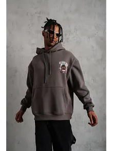 Erkek 3 İplik Pamuklu Kapüşonlu Baskılı Cepli Oversize Sweatshirt Hoodie - Gri