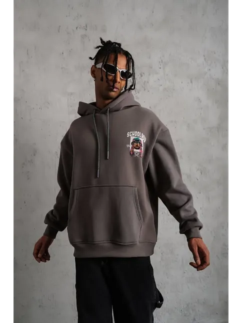 Erkek 3 İplik Pamuklu Kapüşonlu Baskılı Cepli Oversize Sweatshirt Hoodie - Gri