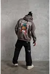 Erkek 3 İplik Pamuklu Kapüşonlu Baskılı Cepli Oversize Sweatshirt Hoodie - Gri