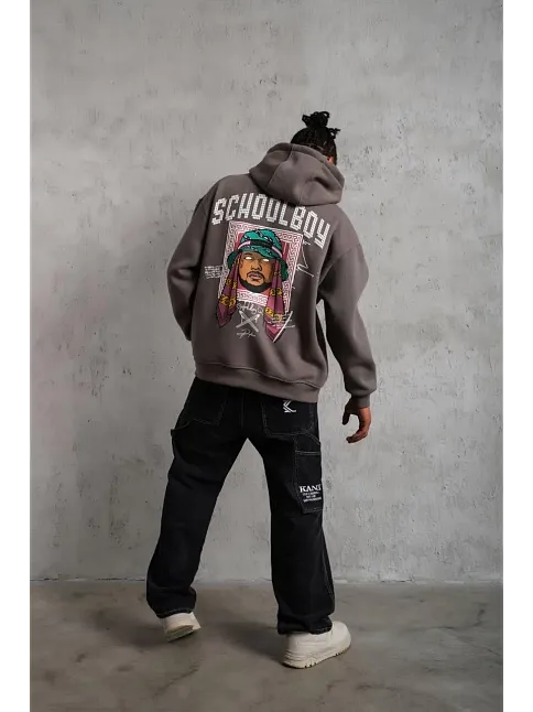 Erkek 3 İplik Pamuklu Kapüşonlu Baskılı Cepli Oversize Sweatshirt Hoodie - Gri