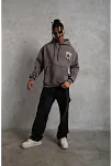 Erkek 3 İplik Pamuklu Kapüşonlu Baskılı Cepli Oversize Sweatshirt Hoodie - Gri