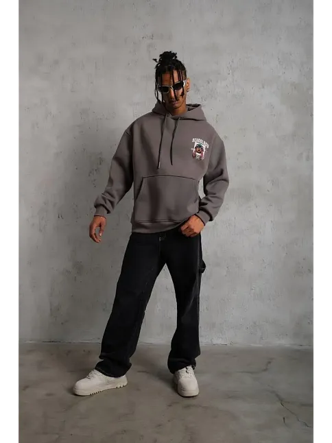 Erkek 3 İplik Pamuklu Kapüşonlu Baskılı Cepli Oversize Sweatshirt Hoodie - Gri