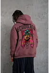 Erkek 3 İplik Pamuklu Kapüşonlu Baskılı Cepli Oversize Sweatshirt Hoodie - Gül Kurusu
