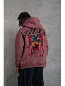 Erkek 3 İplik Pamuklu Kapüşonlu Baskılı Cepli Oversize Sweatshirt Hoodie - Gül Kurusu