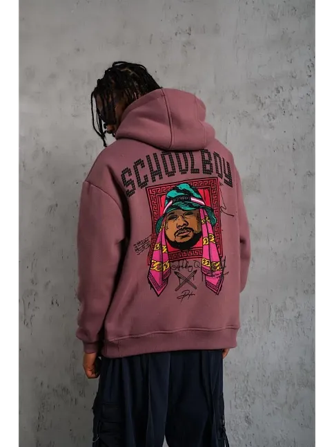Erkek 3 İplik Pamuklu Kapüşonlu Baskılı Cepli Oversize Sweatshirt Hoodie - Gül Kurusu