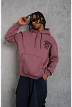 Erkek 3 İplik Pamuklu Kapüşonlu Baskılı Cepli Oversize Sweatshirt Hoodie - Gül Kurusu