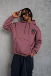 Erkek 3 İplik Pamuklu Kapüşonlu Baskılı Cepli Oversize Sweatshirt Hoodie - Gül Kurusu
