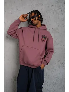 Erkek 3 İplik Pamuklu Kapüşonlu Baskılı Cepli Oversize Sweatshirt Hoodie - Gül Kurusu
