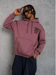 Erkek 3 İplik Pamuklu Kapüşonlu Baskılı Cepli Oversize Sweatshirt Hoodie - Gül Kurusu