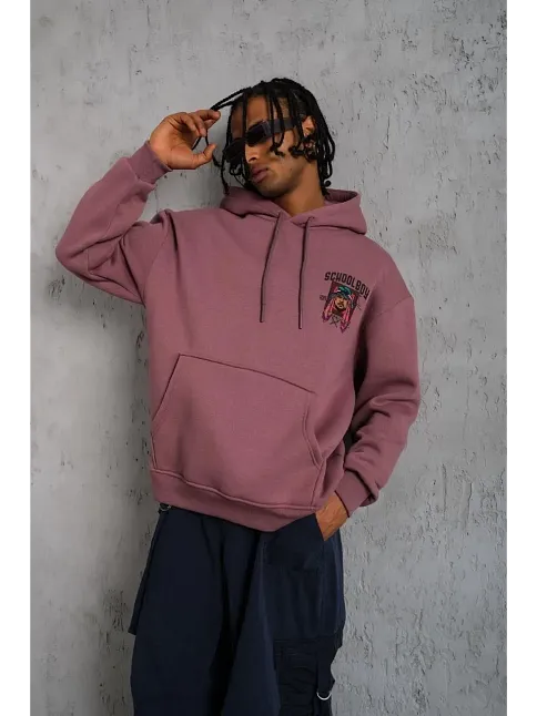 Erkek 3 İplik Pamuklu Kapüşonlu Baskılı Cepli Oversize Sweatshirt Hoodie - Gül Kurusu