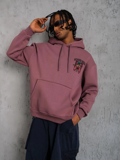 Erkek 3 İplik Pamuklu Kapüşonlu Baskılı Cepli Oversize Sweatshirt Hoodie - Gül Kurusu