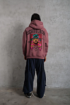Erkek 3 İplik Pamuklu Kapüşonlu Baskılı Cepli Oversize Sweatshirt Hoodie - Gül Kurusu