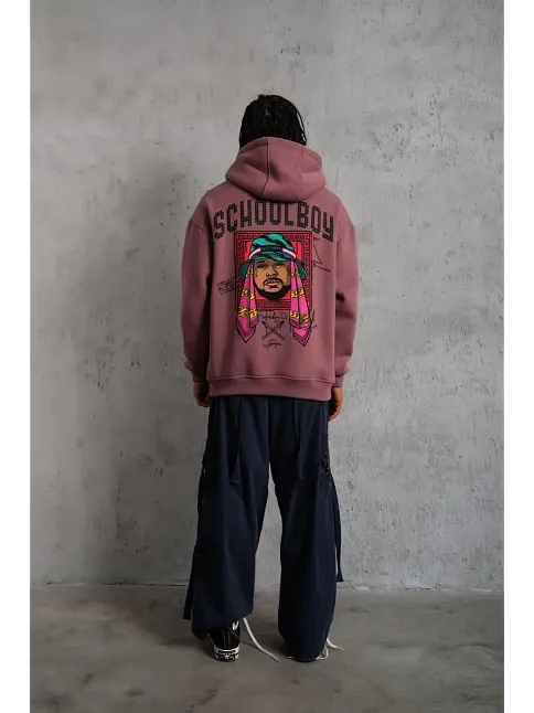 Erkek 3 İplik Pamuklu Kapüşonlu Baskılı Cepli Oversize Sweatshirt Hoodie - Gül Kurusu