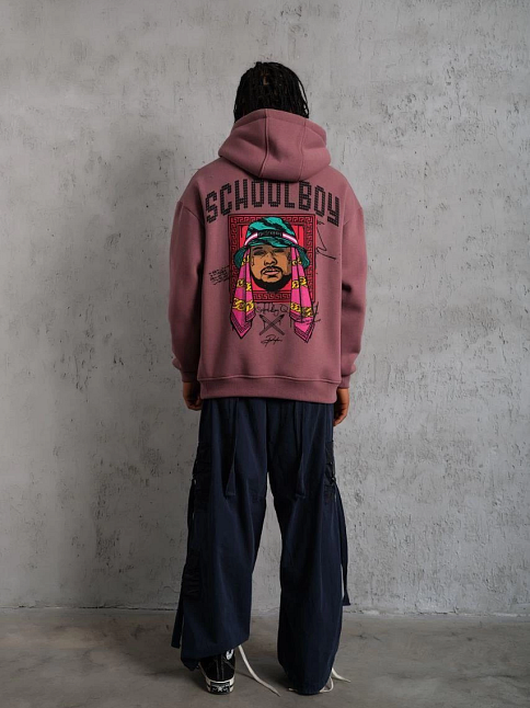 Erkek 3 İplik Pamuklu Kapüşonlu Baskılı Cepli Oversize Sweatshirt Hoodie - Gül Kurusu