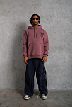 Erkek 3 İplik Pamuklu Kapüşonlu Baskılı Cepli Oversize Sweatshirt Hoodie - Gül Kurusu