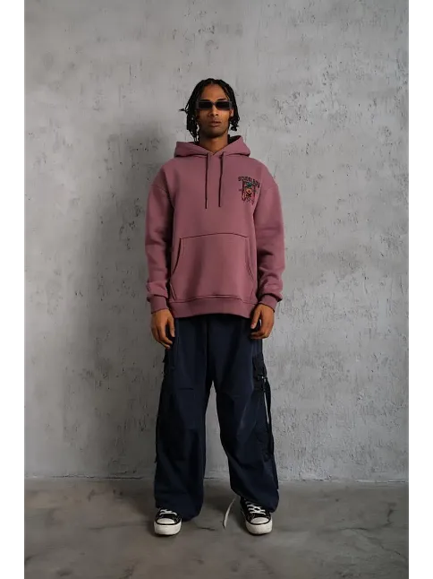 Erkek 3 İplik Pamuklu Kapüşonlu Baskılı Cepli Oversize Sweatshirt Hoodie - Gül Kurusu