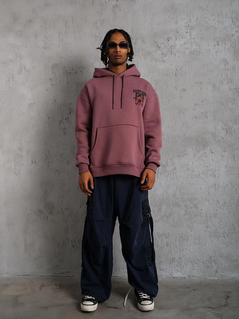 Erkek 3 İplik Pamuklu Kapüşonlu Baskılı Cepli Oversize Sweatshirt Hoodie - Gül Kurusu