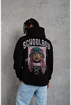 Erkek 3 İplik Pamuklu Kapüşonlu Baskılı Cepli Oversize Sweatshirt Hoodie - Siyah