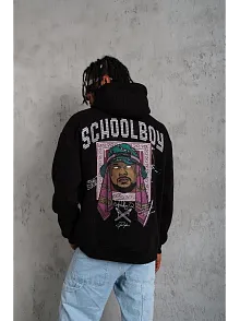 Erkek 3 İplik Pamuklu Kapüşonlu Baskılı Cepli Oversize Sweatshirt Hoodie - Siyah