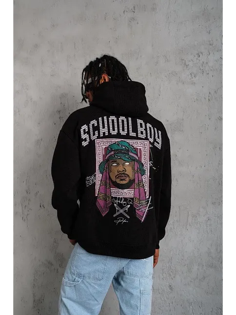 Erkek 3 İplik Pamuklu Kapüşonlu Baskılı Cepli Oversize Sweatshirt Hoodie - Siyah