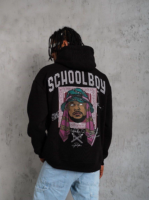 Erkek 3 İplik Pamuklu Kapüşonlu Baskılı Cepli Oversize Sweatshirt Hoodie - Siyah