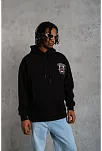 Erkek 3 İplik Pamuklu Kapüşonlu Baskılı Cepli Oversize Sweatshirt Hoodie - Siyah