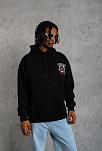 Erkek 3 İplik Pamuklu Kapüşonlu Baskılı Cepli Oversize Sweatshirt Hoodie - Siyah