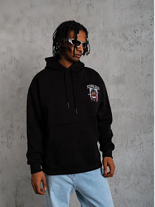 Erkek 3 İplik Pamuklu Kapüşonlu Baskılı Cepli Oversize Sweatshirt Hoodie - Siyah