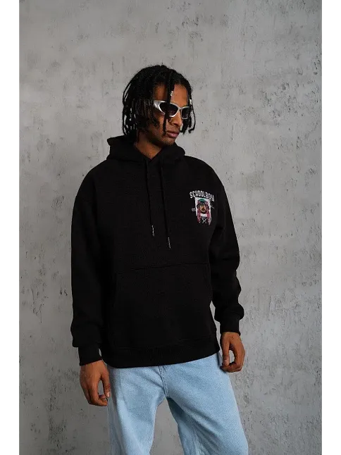 Erkek 3 İplik Pamuklu Kapüşonlu Baskılı Cepli Oversize Sweatshirt Hoodie - Siyah