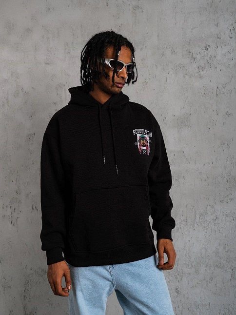 Erkek 3 İplik Pamuklu Kapüşonlu Baskılı Cepli Oversize Sweatshirt Hoodie - Siyah