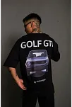Erkek Oversize Tişört Golf Gtı Retro Araba Baskılı T-shirt - Siyah