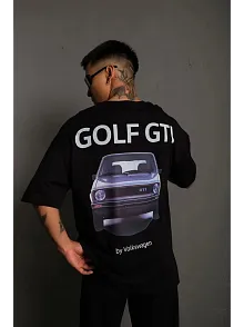 Erkek Oversize Tişört Golf Gtı Retro Araba Baskılı T-shirt - Siyah