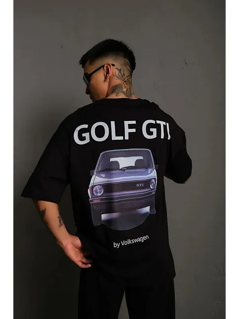 Erkek Oversize Tişört Golf Gtı Retro Araba Baskılı T-shirt - Siyah