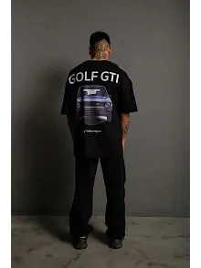 Erkek Oversize Tişört Golf Gtı Retro Araba Baskılı T-shirt - Siyah