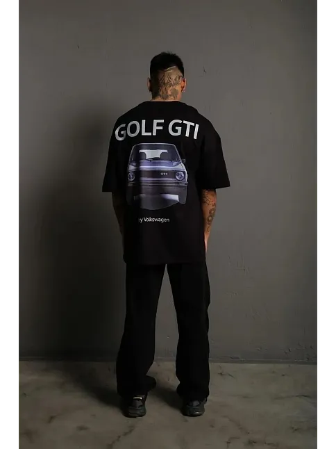 Erkek Oversize Tişört Golf Gtı Retro Araba Baskılı T-shirt - Siyah