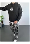 Erkek 3 İplik Pamuklu Kapüşonlu Baskılı Cepli Oversize Sweatshirt Hoodie - Siyah
