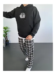 Erkek 3 İplik Pamuklu Kapüşonlu Baskılı Cepli Oversize Sweatshirt Hoodie - Siyah