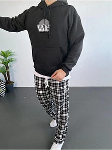 Erkek 3 İplik Pamuklu Kapüşonlu Baskılı Cepli Oversize Sweatshirt Hoodie - Siyah