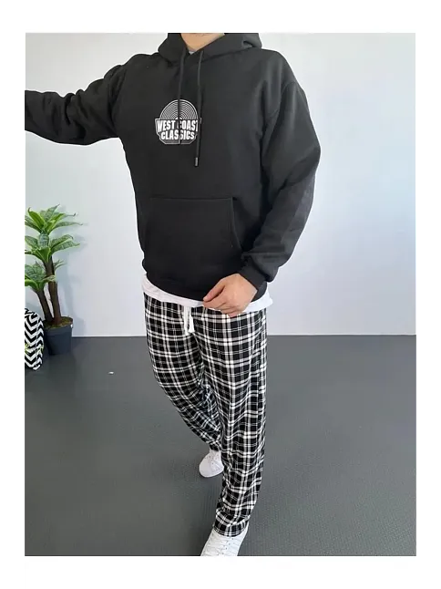 Erkek 3 İplik Pamuklu Kapüşonlu Baskılı Cepli Oversize Sweatshirt Hoodie - Siyah