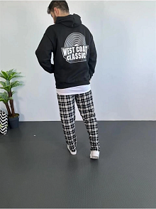 Erkek 3 İplik Pamuklu Kapüşonlu Baskılı Cepli Oversize Sweatshirt Hoodie - Siyah