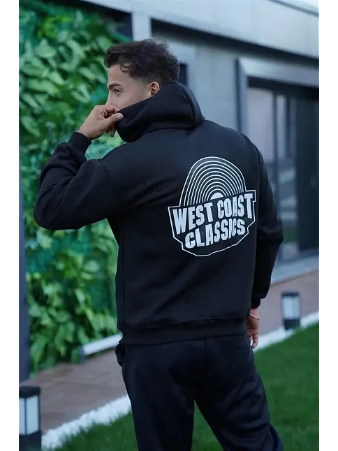 Erkek 3 İplik Pamuklu Kapüşonlu Baskılı Cepli Oversize Sweatshirt Hoodie - Siyah