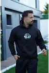 Erkek 3 İplik Pamuklu Kapüşonlu Baskılı Cepli Oversize Sweatshirt Hoodie - Siyah