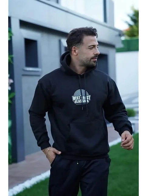 Erkek 3 İplik Pamuklu Kapüşonlu Baskılı Cepli Oversize Sweatshirt Hoodie - Siyah