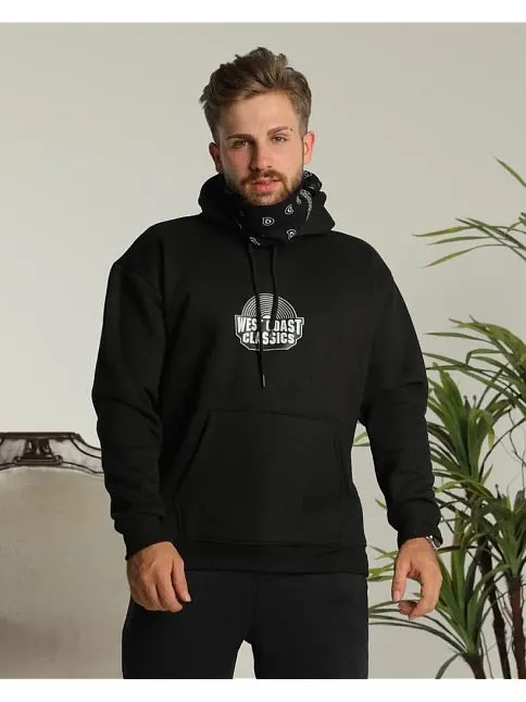 Erkek 3 İplik Pamuklu Kapüşonlu Baskılı Cepli Oversize Sweatshirt Hoodie - Siyah