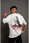 Erkek Baskılı T-shirt Oversize Kısa Kol Bisiklet Yaka Tişort - Beyaz