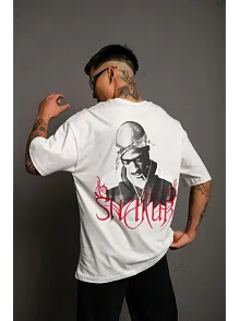 Erkek Baskılı T-shirt Oversize Kısa Kol Bisiklet Yaka Tişort - Beyaz