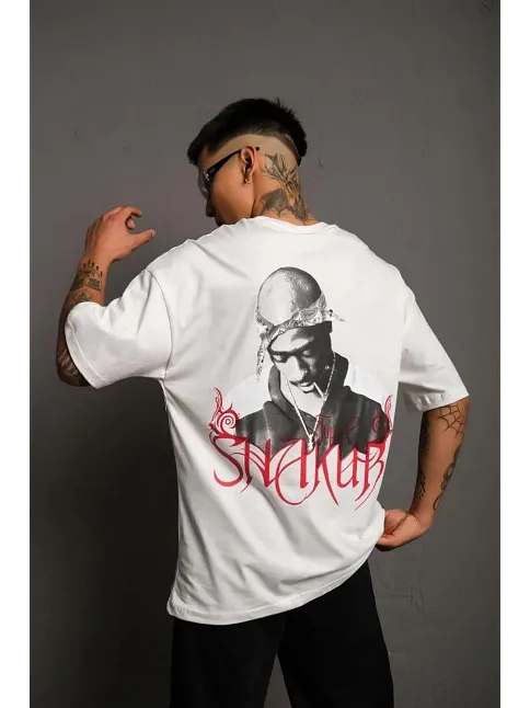 Erkek Baskılı T-shirt Oversize Kısa Kol Bisiklet Yaka Tişort - Beyaz