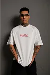 Erkek Baskılı T-shirt Oversize Kısa Kol Bisiklet Yaka Tişort - Beyaz